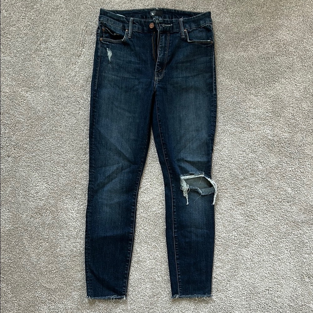 MOTHER Blue Ankle Cropped Jeans with Distressed Detail